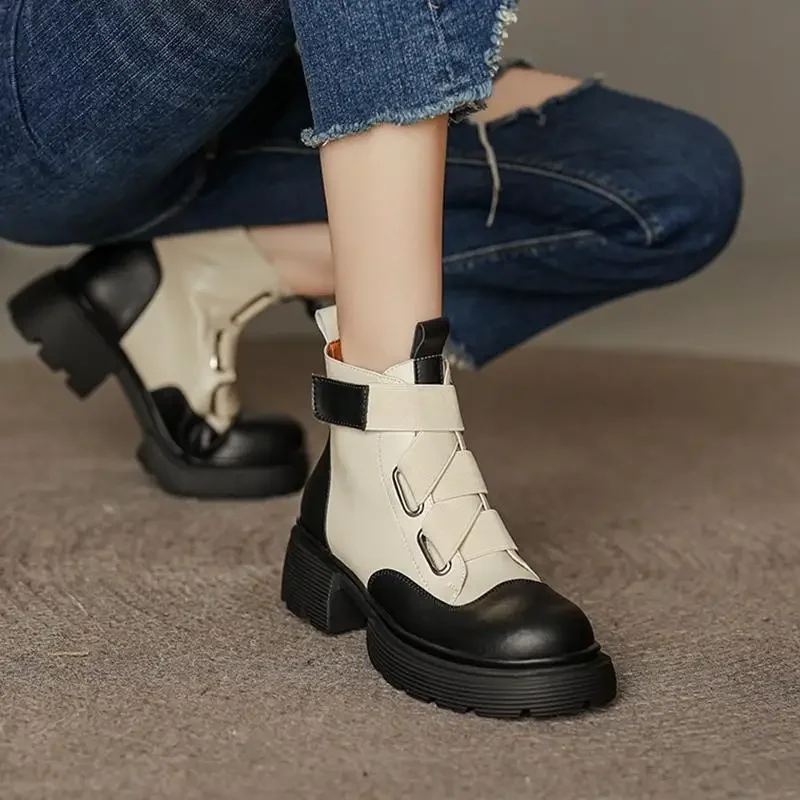 Short Shoes for Women Black Booties Waterproof Footwear Combat Female Ankle Boots Punk Style Elegant with Medium Heels Hot Chic