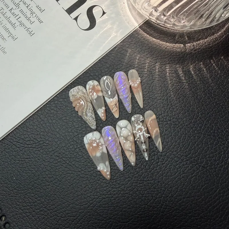 

10PCS Handmade Aurora Shell Nails Hot Girl Style Pearl Design Press on Nails European American Hand Painted Glitter False Nails