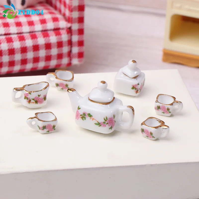 ●1Set 1:12 Dollhouse Miniature Ceramics Teapot Tea Set Mini Ceramic Kungfu Tea Set Kettle Cup Tableware Model Kitchen Decor Toys