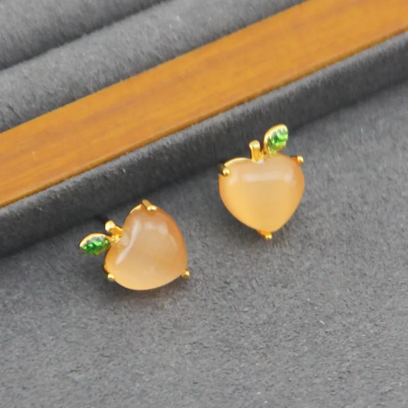 INS925 Silver Needle Sweet Peach Opal Earrings Copper Electroplating Real Gold