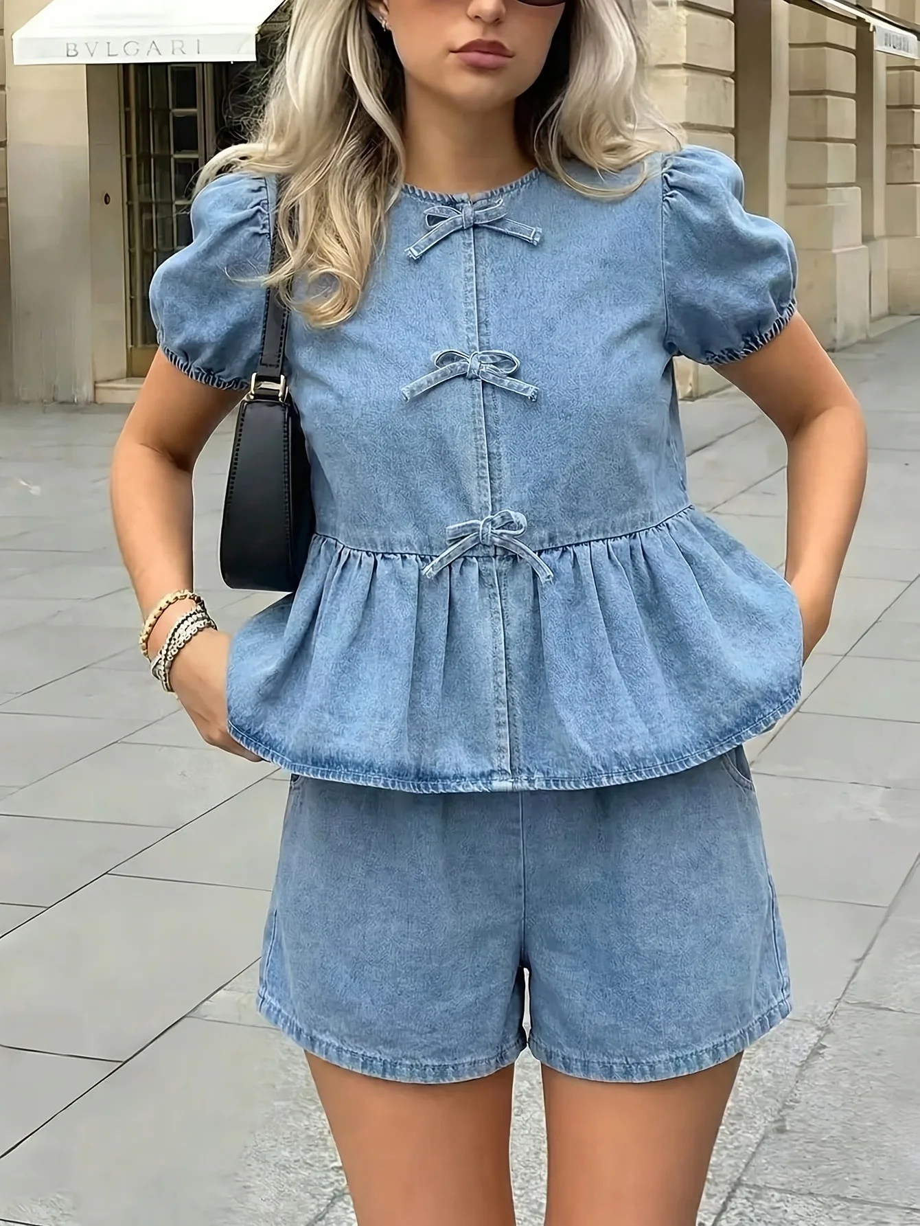 Trendy Girls 2Pcs Light Denim Co-Ord Suit, Three Front Bow Bubble Sleeve Ruffle Hem Blouse, Loose Pocket Elastic Short Pants for