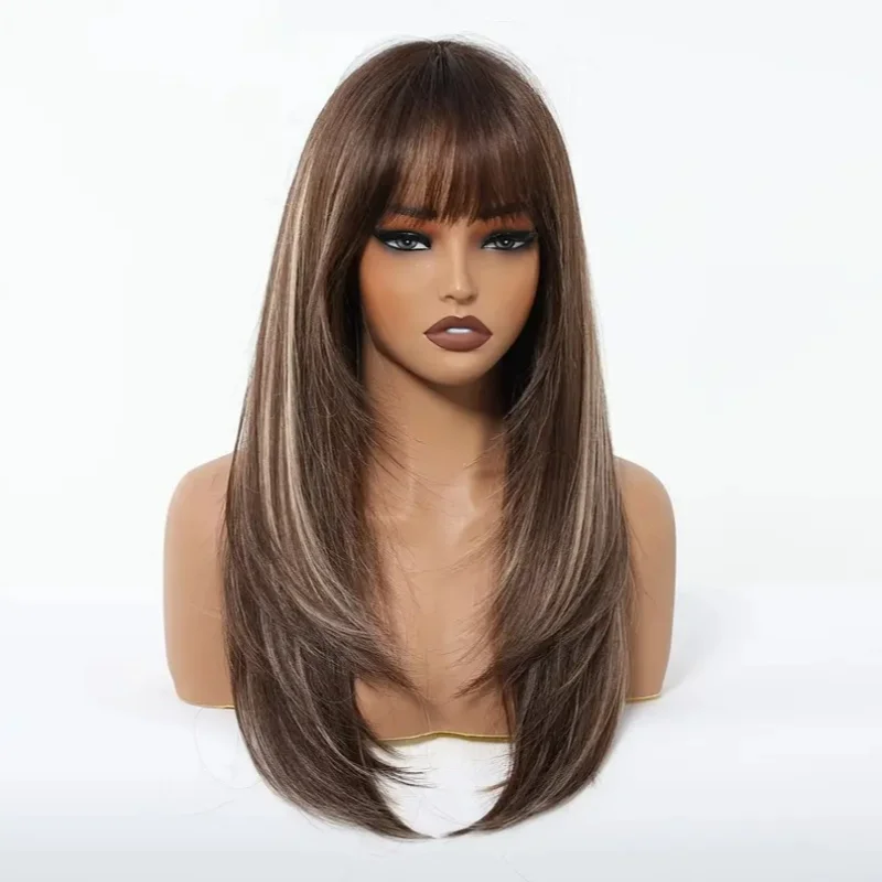 オンブルブラウンブラックハイライトロングストレート合成かつら前髪付きコスプレウィッグ女性用高温ナチュラルフェイクヘア