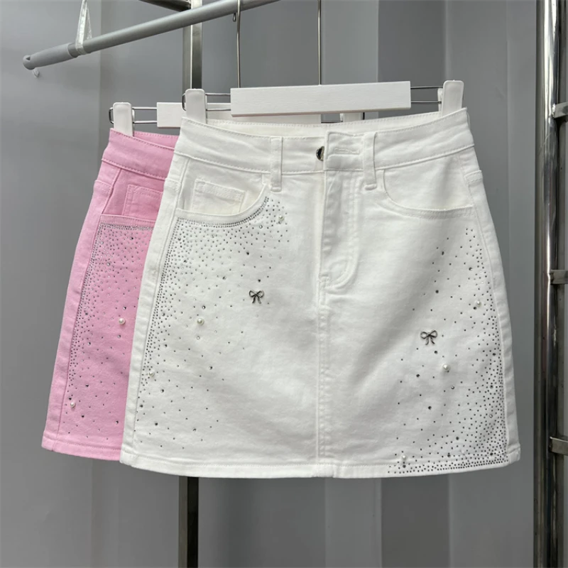 

Hot Drilling Bow Beads Casual Women Denim Skirts 2024 New Spring Summer All-match High Waist Slim Wrap Buttocks A-line Skirt