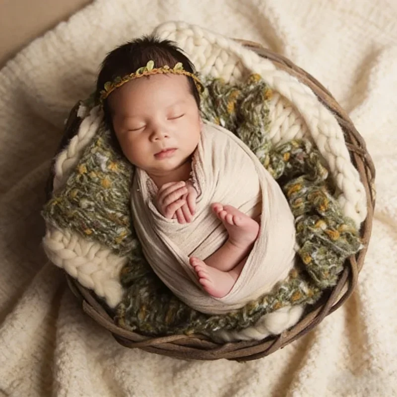Newborn Infant Photography Props Retro Rattan Crib 1pc Baby Pillow Studio Portrait Photo Shoots Accessories Kids Growth Souvenir