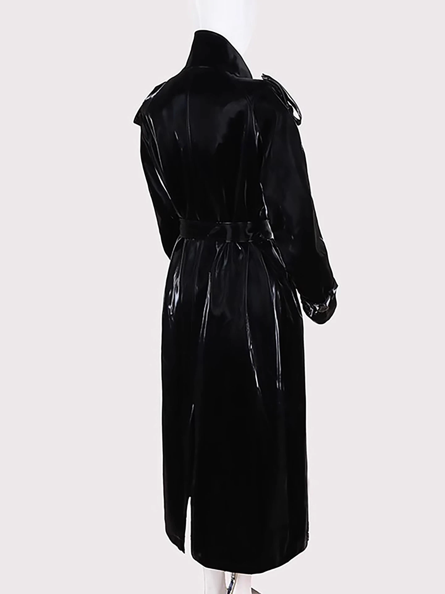 秋のエクストラロングオーバーサイズ反射光沢のある黒のフェイクレザートレンチコート女性用ベルト高級デザイナー服オーバーコート2025