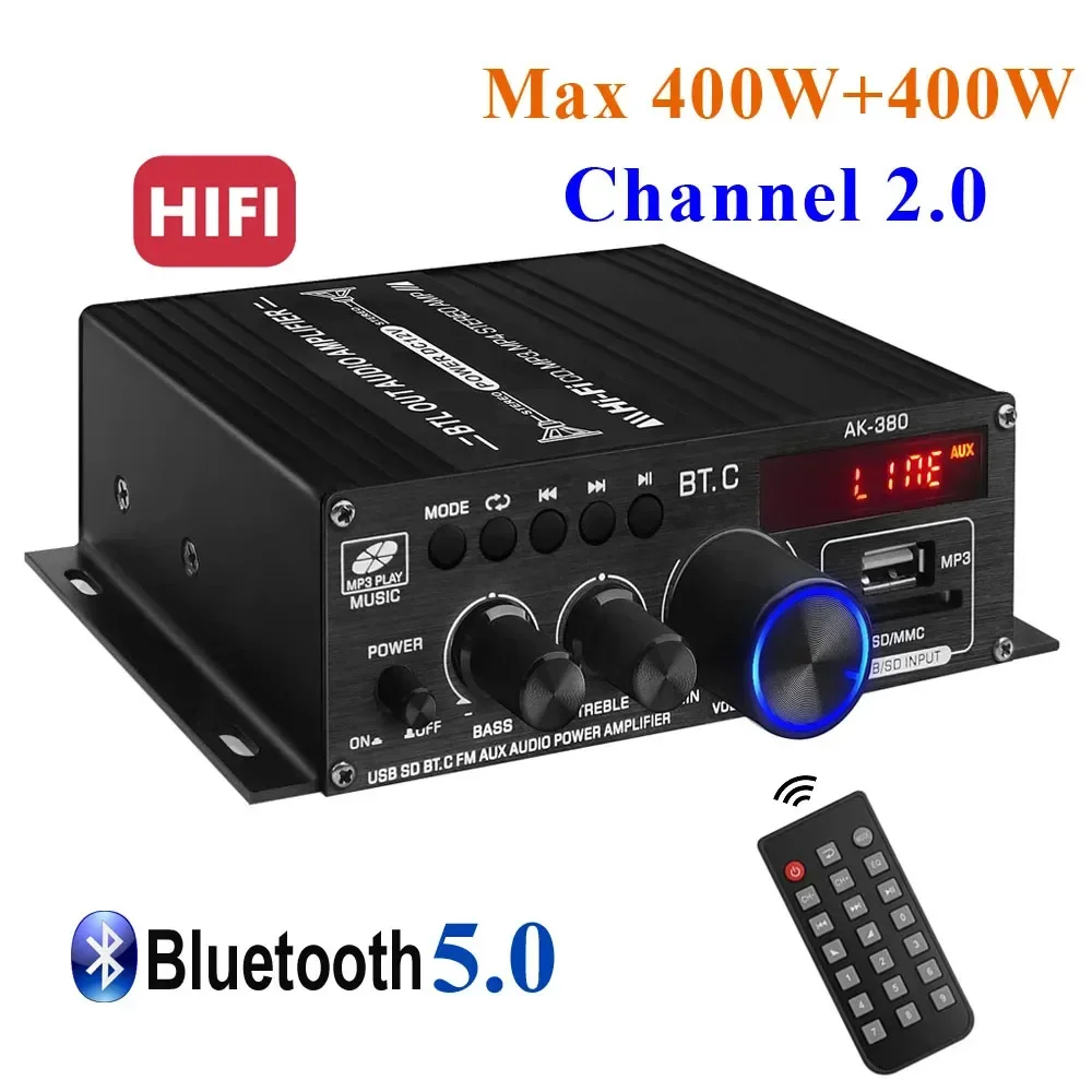 Auto-partner AK380 Max 200Wx2 Mini Audio Power Amplifier, RMS 40Wx2 2.0 CH Bluetooth Receiver Speaker Amp with 12V 5A Power