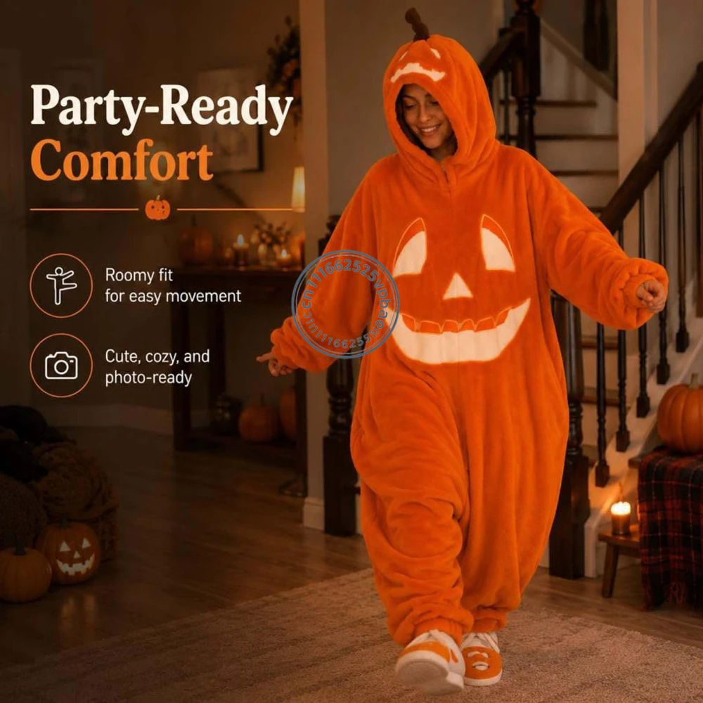 Halloween Pumpkin Jack O Lantern Hooded Onesie Costume Adult Plush Pumpkin Pajamas Hood Oversized One Piece Jumpsuit