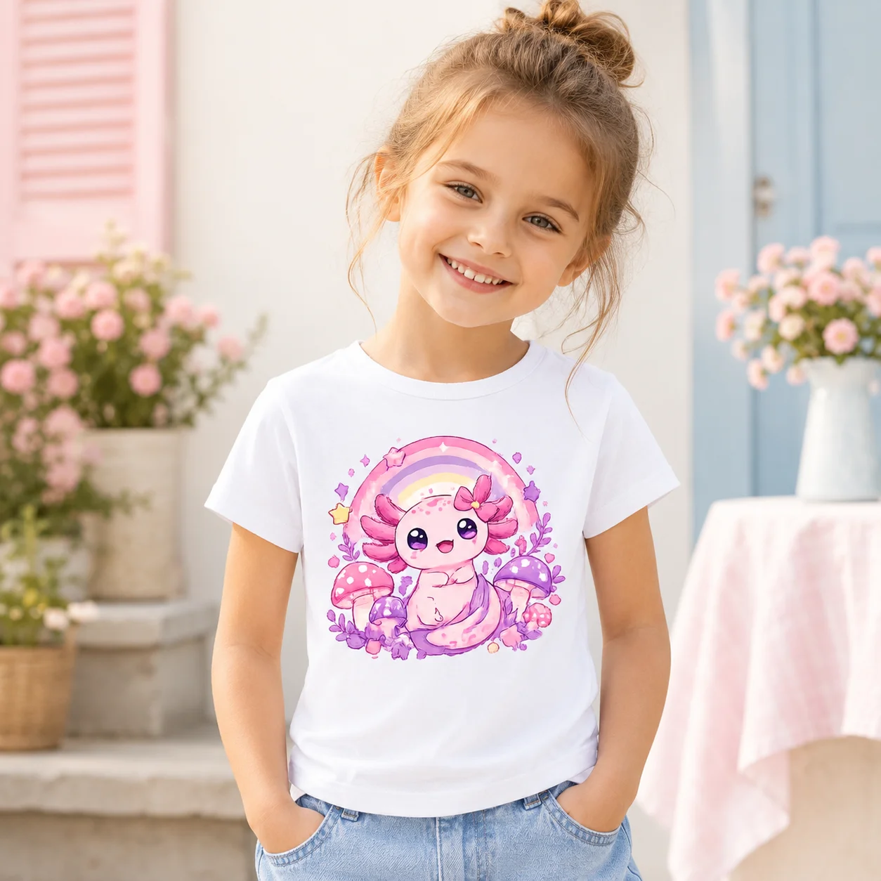 Girls Axolotl T-shirt Cute Watercolor Rainbow Mushroom Print Toddler Cotton Tee Short Sleeve Casual Kids Tops for Summer