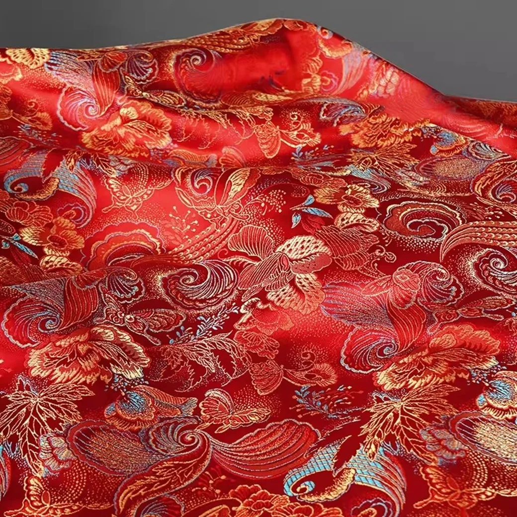 

Chinese Red Butterfly Peony Flower Woven Brocade Jacquard Fabric Decorative Fabric for Home Accessories