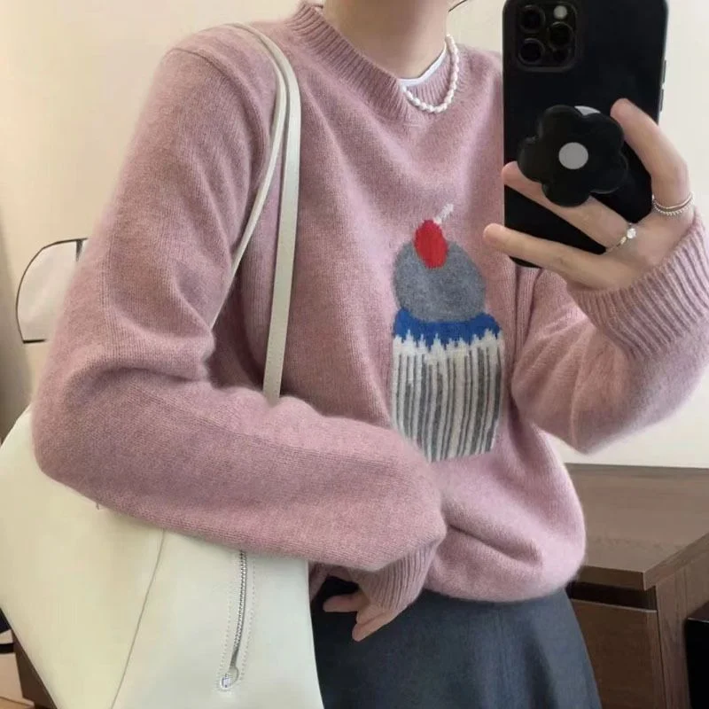 

Soft Waxy Cake Jacquard Sweater for Women New Round Neck Pullover Loose and Versatile