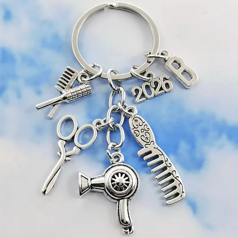 New A-Z Letter Cute Hairdresser Hairdresser Essential Hair dryer Scissors Comb Key Chain Hairdresser Gift Key Chain