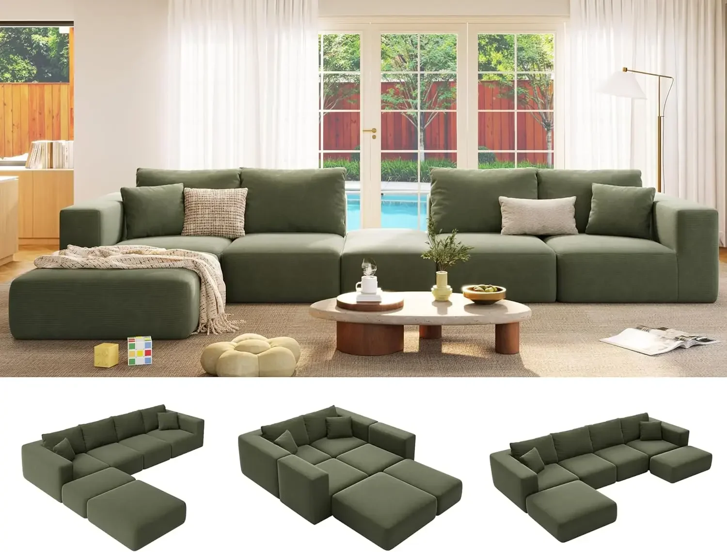 Deep Extra Large Modular Sectional Sofa Green Corduroy Plush Cloud Couch Living Room Seating