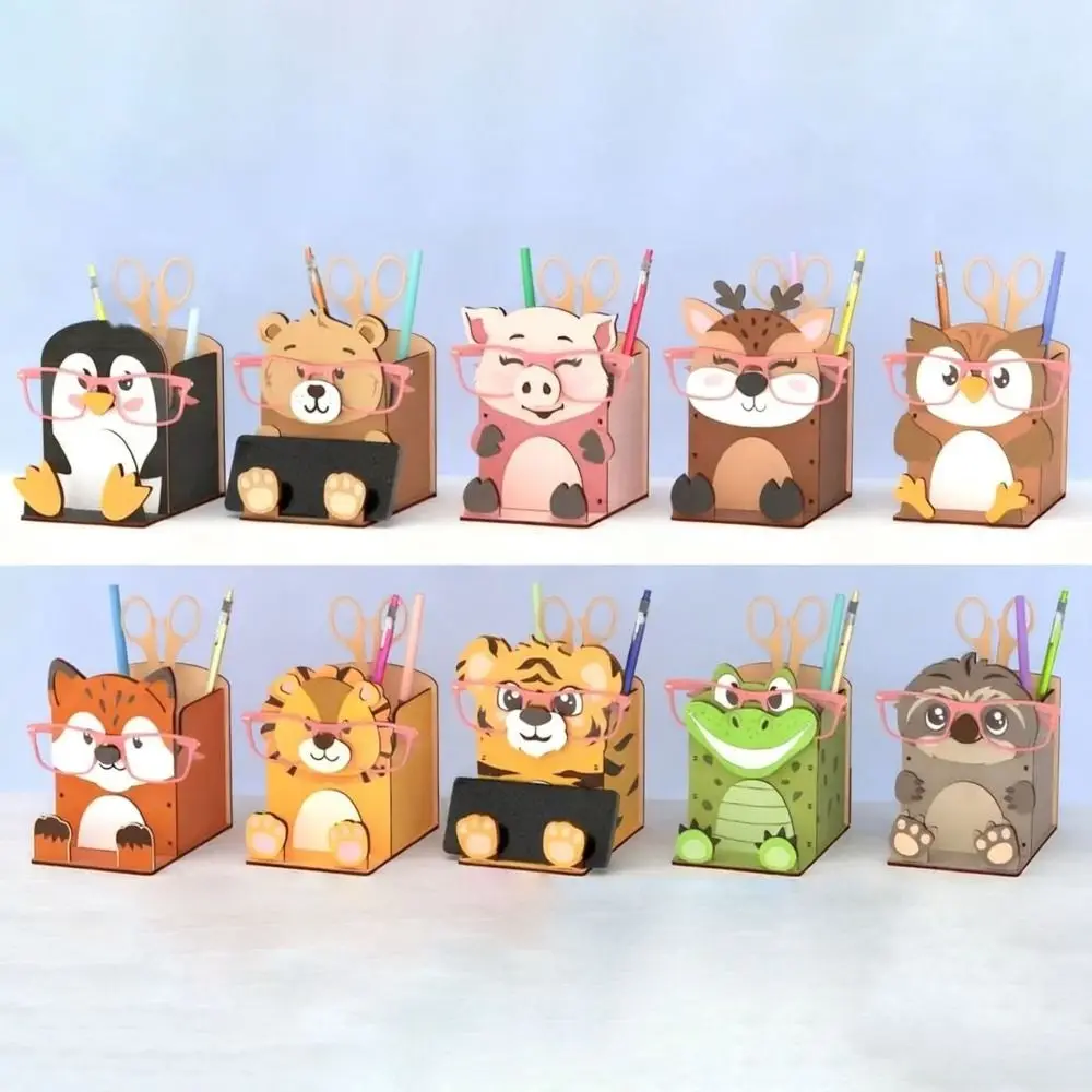 Hand Carved Animal Glasses Holder 3D Design Multi-Functional Pen Holder Rack Cartoon Shape Wooden Material Phone Display Stand