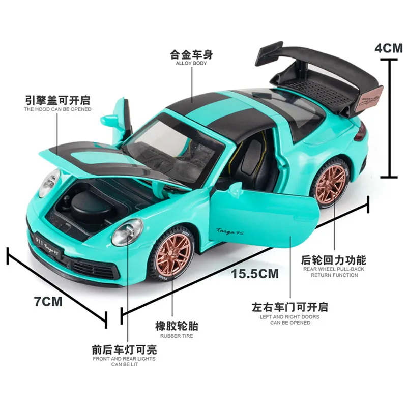 1:32 Neues 911 Targa 4S Supercar-Automodell, Legierungsauto-Druckgussspielzeug mit zurückziehbarem Ton und Licht, Kindergeschenke, Sammlerstücke