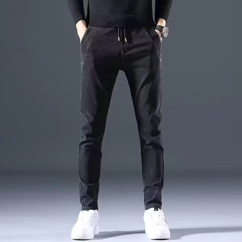 Moda masculina inverno neve quente jeans de pelúcia masculino velo forrado engrossado calças jeans confortáveis clássico casual formal