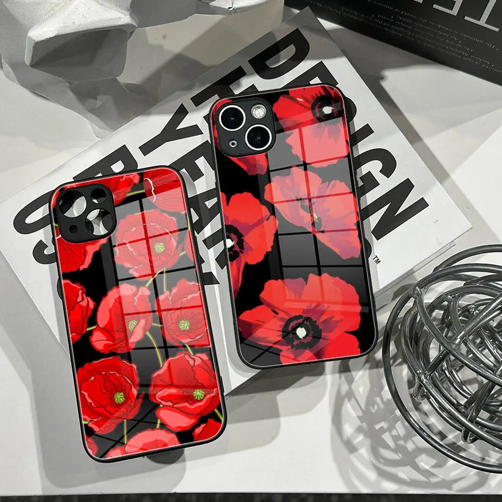 

Poppy Flower Bloom Phone Case Tempered Glass Shell FOR IPhone 15ProMAX 14 11 12 Pro 8 7 15 Plus 13 Pro MAX XR XS MINI Cover