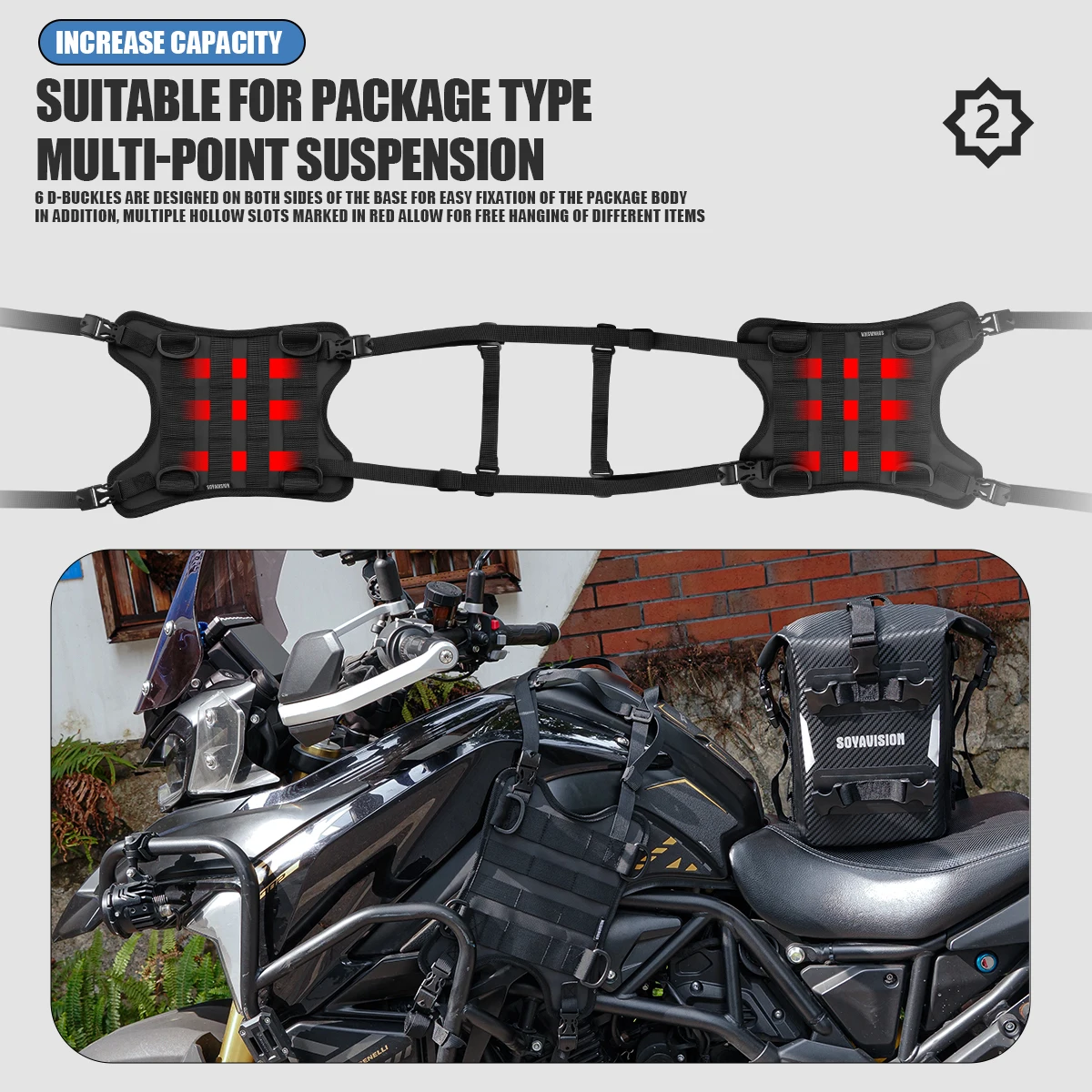 Akcesoria motocyklowe: rama, gmole, narzędzia, torba podróżna, boczne mocowanie na zbiornik paliwa, baza torby bocznej na zbiornik paliwa, baza mocowania przedniej torby motocyklowej.