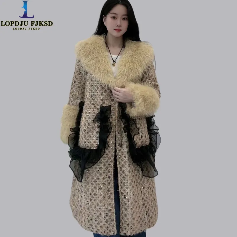 Faux Fur Coats for Women,Fur Collar Jackets,Single Breasted Overcoat,Female Clothes,Thicken Warm,Sequins,Spliced,New ,Winter