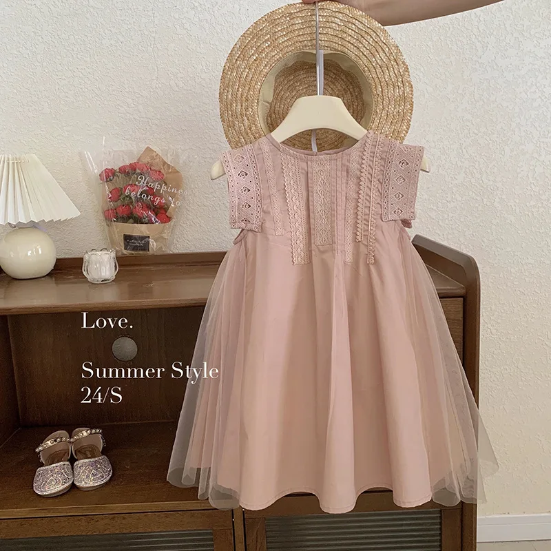 

2024Summer Girl's Sleeveless Solid Color Temperament Mesh Stitching Children's Skirt Baby Girl's Sweet Dress Tide