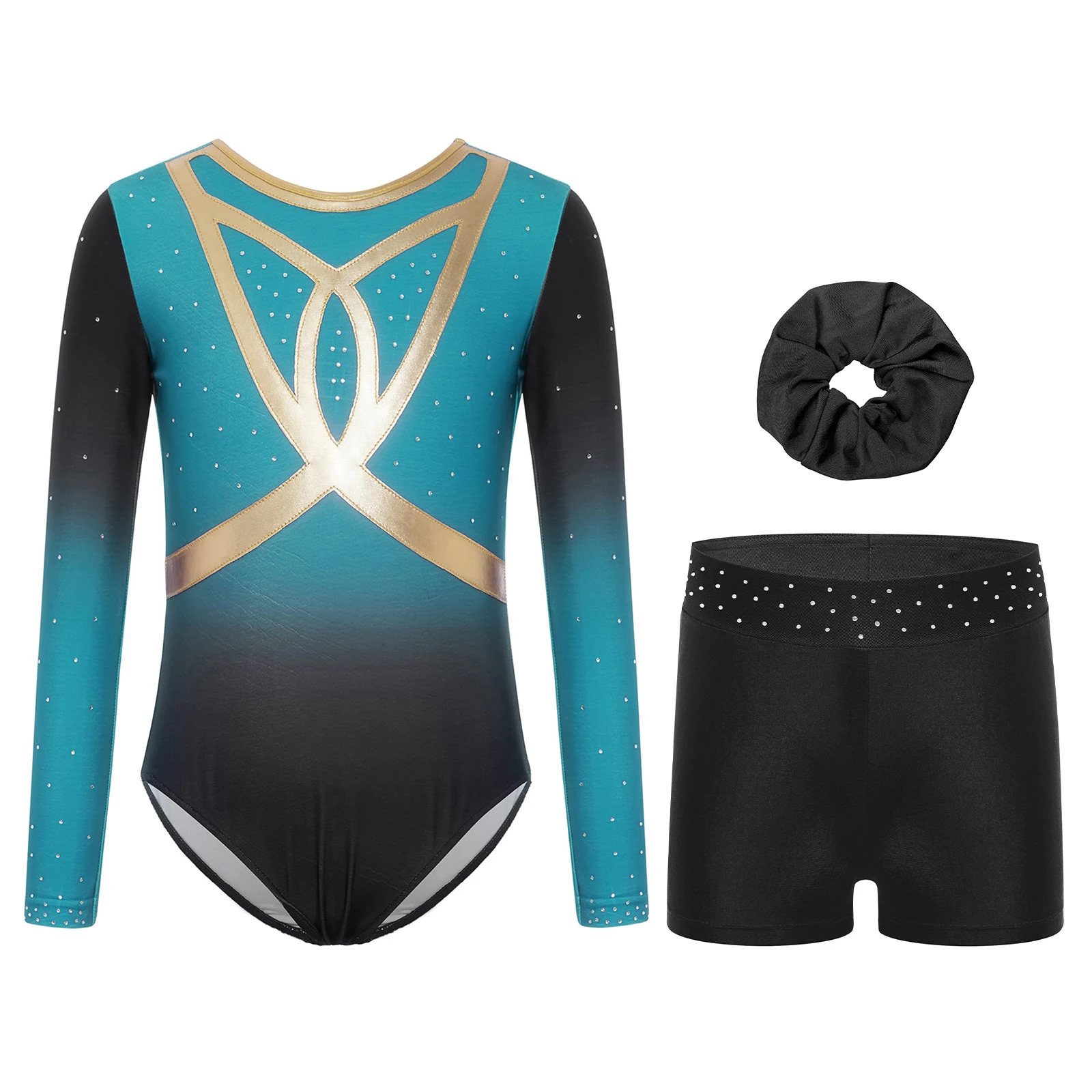 Crianças meninas ginástica artística ballet dança traje manga longa strass brilhantes cor gradiente collant + shorts + faixa de cabelo conjunto