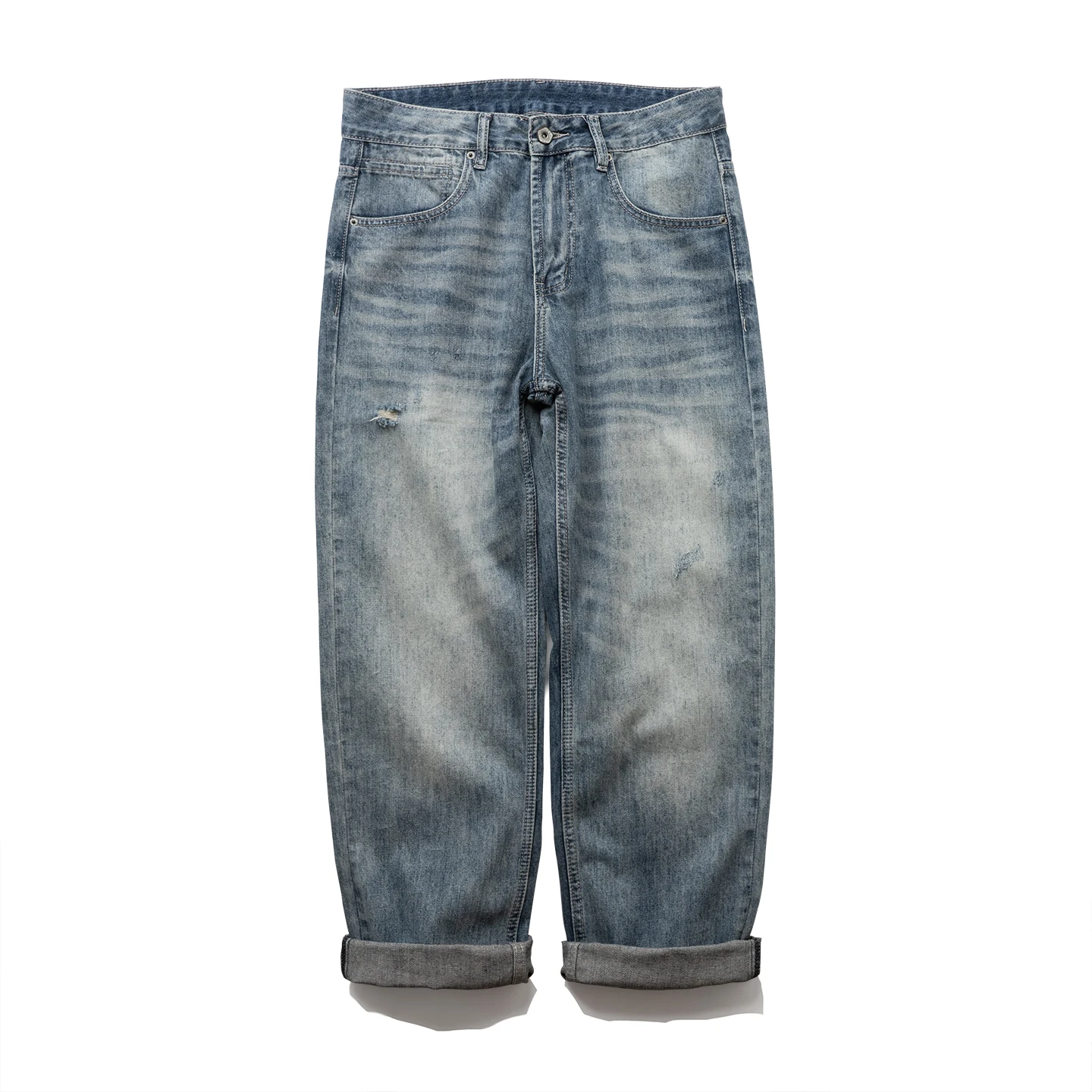 

Retro Waed Jeans Men's Loose Straight Leg Casual Long Trousers Destroyed Denim Pants Japanese Sle Casual Wear