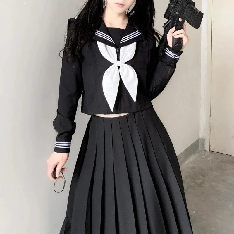 Japanese School Uniforms Student Style Girls Navy Costume Women Sexy Black JK Long Dress Suit Sailor Blouse Pleated Skirt Set