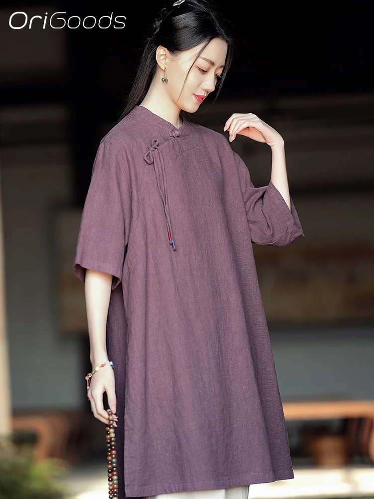 OriGoods Chinese style Short Sleeve Summer Long Shirt Women Ramie Cotton Vintage Zen style Long Blouse Tops 2024 New Shirts C043