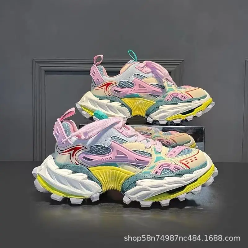 2026 Baskets décontractées pour homme en cuir véritable, style 'Dad Sneakers' rehaussées, à semelle épaisse, avec empiècements en maille et blocs de couleur