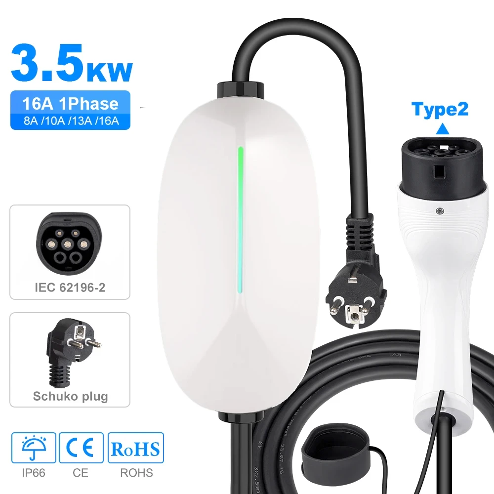 

BERET EV Portable Charger Type2 GBT Type1 Plug Connector 16A 3.5KW 3.5m/5m Cable Wallbox Charging Station for Electric Vehicle