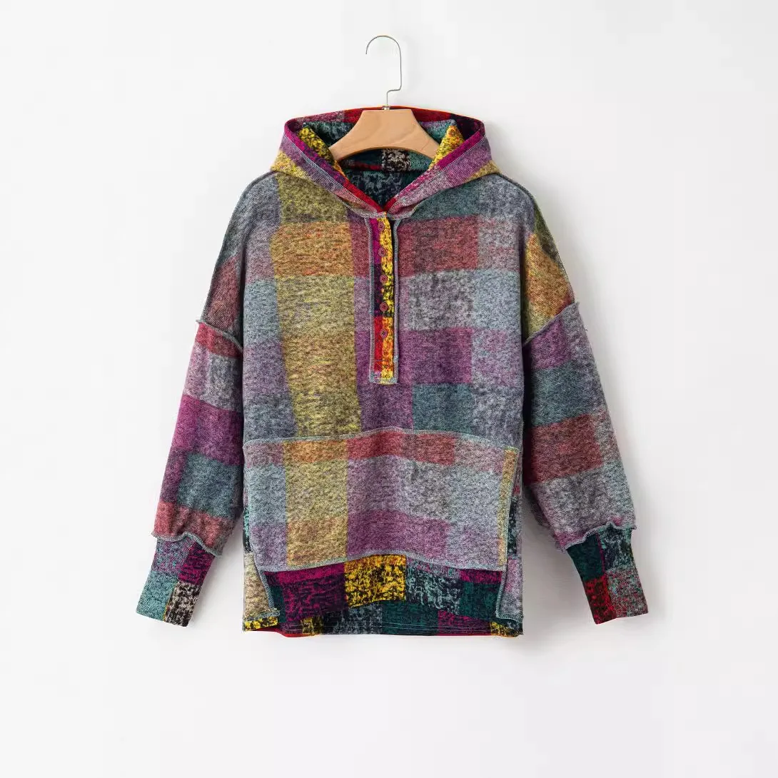 Fashion New Women's Autumn Fleece Warm Hoodies Multi Colored Plaid Loose Casual Sweatshirts Pullover for Women