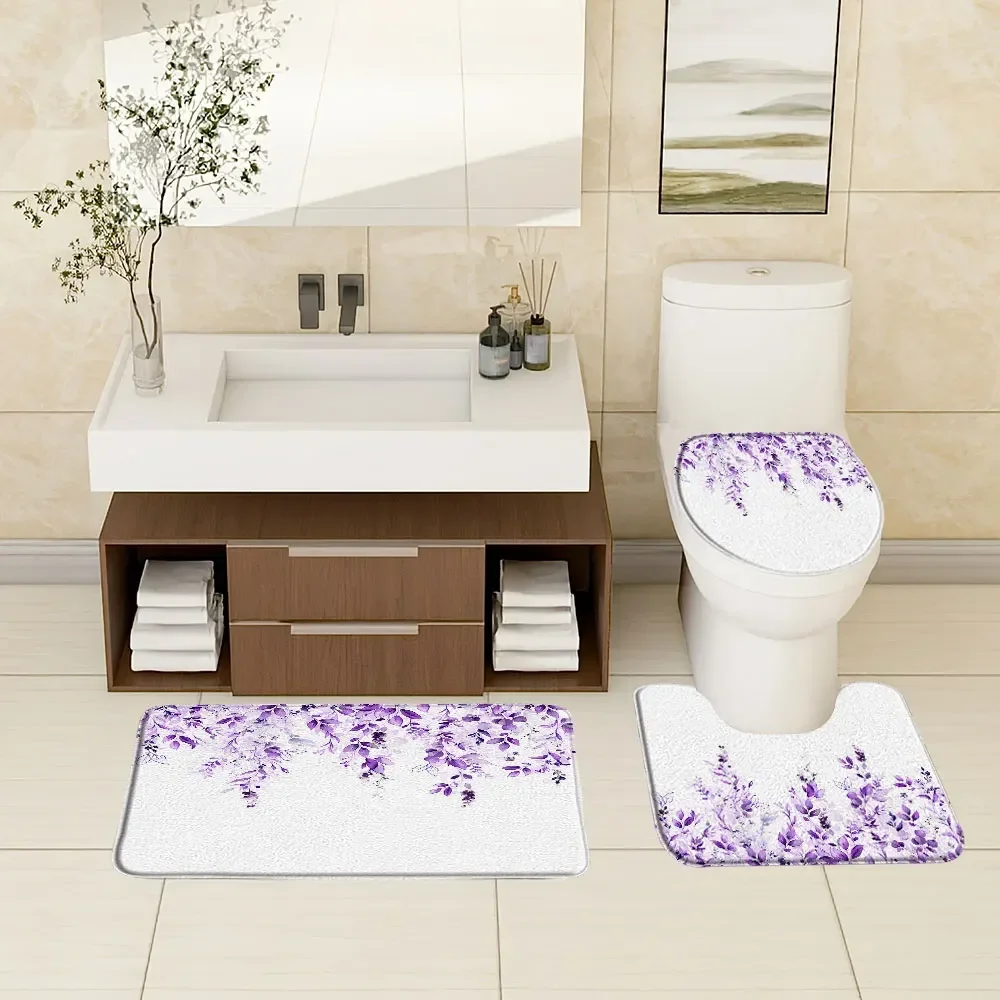 Purple Lavender Vineman Botanical Rug Set Watercolour Botanical Flower Butterfly Genie Bath Mats Bathroom Decor Accessories