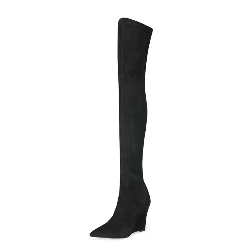 

2022 New Thigh Boots Fashionable Sexy Sleeve Elastic Women's Boots Slope Heel Pointed Elastic Cloth Knee High Women's Boots