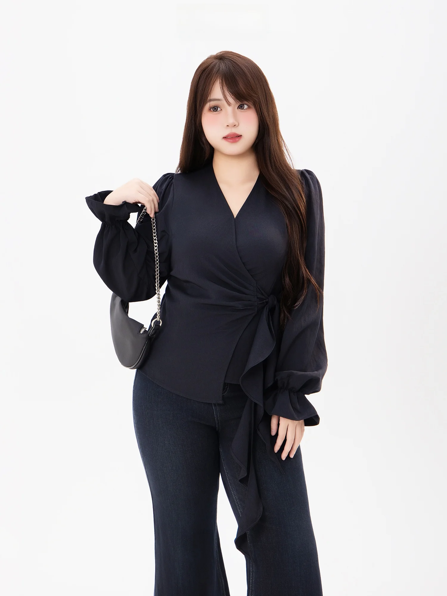 

Женский модный топ с V-образным вырезом, рукавами-колокол, поясом и асимметричным подолом, для полных женщин, для прогулок по городу