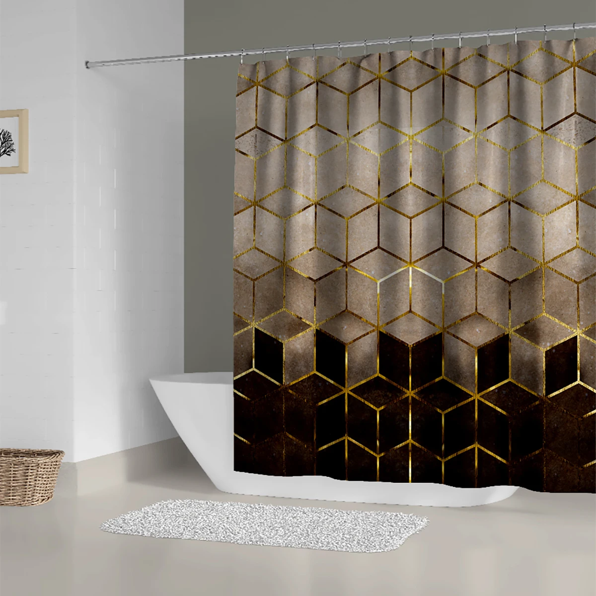 Brown Honeycomb Lattice Shower Curtain Waterproof Printed Bathroom Partition Decorative Curtain With Plastic Hook