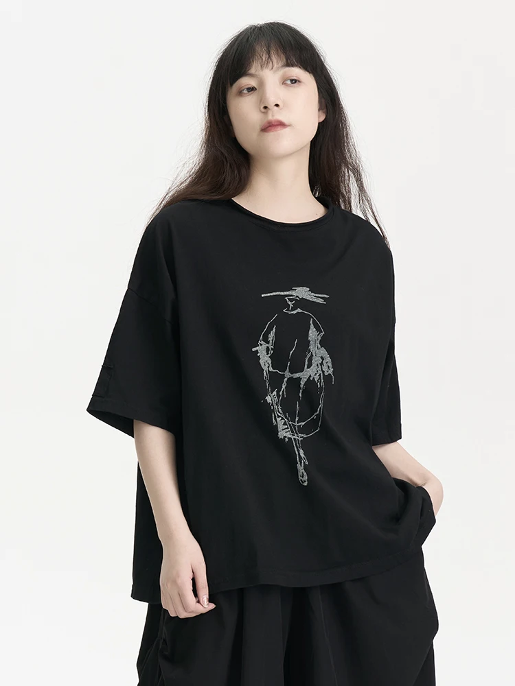 

Loose Cotton Short Sleeve T-Shirt Women's Casual Style Printed Dark Character Summer Top Sweat Absorbent round Neck Tee