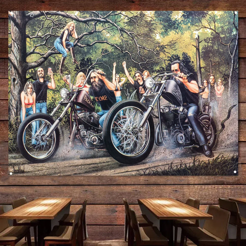 

Motorcycle Race Painting Banner Wall Hanging Flag For Garage Cafe Bar Motor Repair Shop Man Cave Wall Decor Poster Tapestry