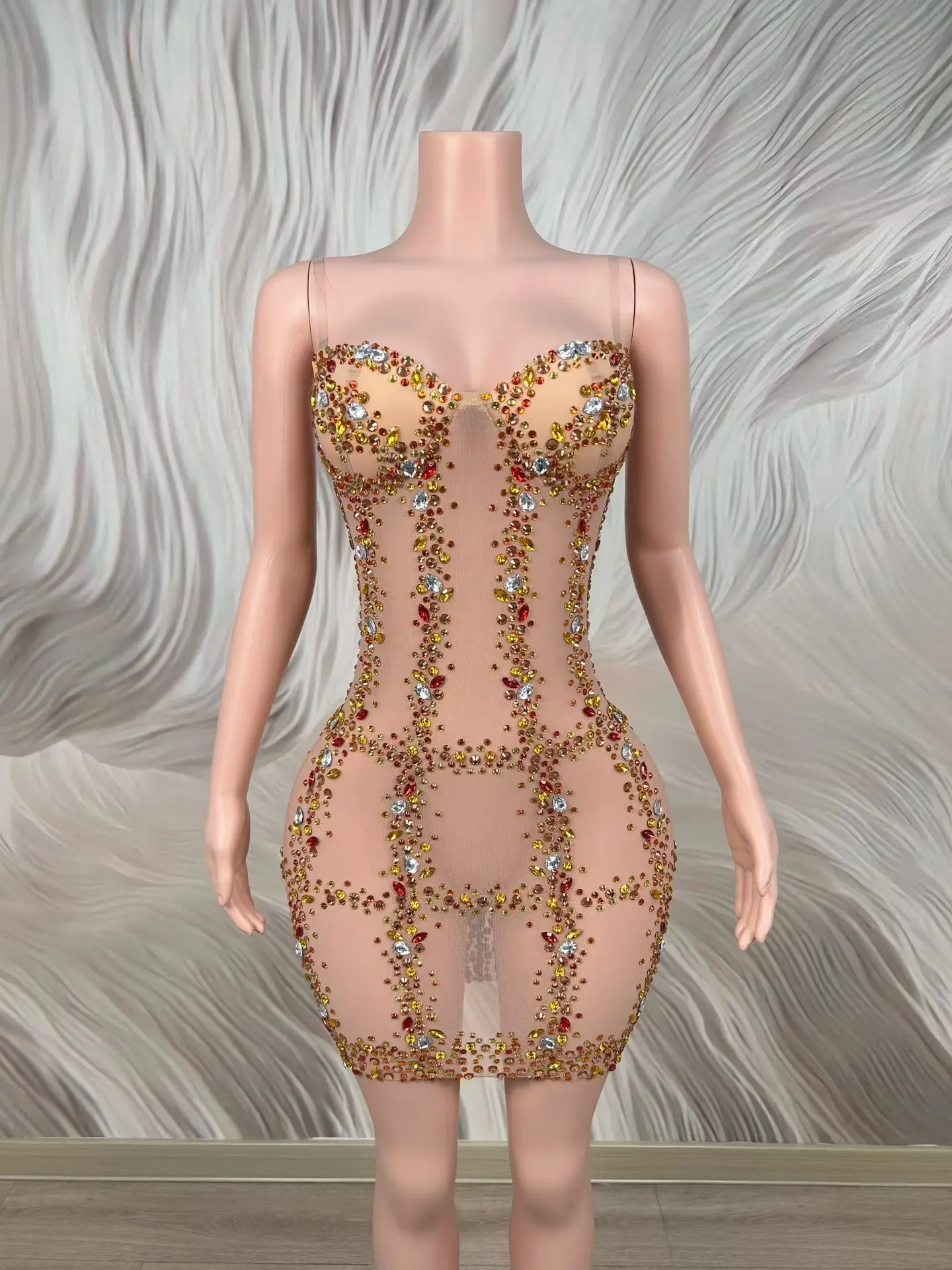 Huajiao Luxury Gold Red Crystal Embellished Short Dress Sheer Mesh Sweetheart Neck Bodycon Performance Outfit