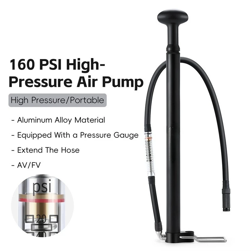 

Алюминиевый велосипедный насос 160PSI с манометром, универсальный клапан, совместимый с эргономичной ручкой, легкий вес для MTB, дорожный велосипедный насос