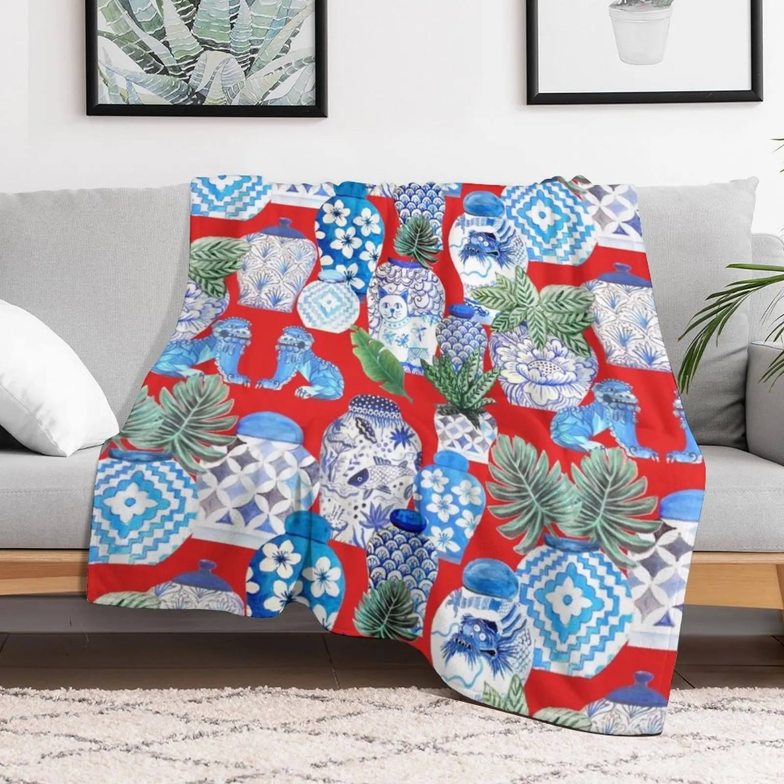 ginger jars in blue and white porcelainand foo dogs on red with palms Throw Blanket Hairys Summer cosplay anime Thermal Blankets