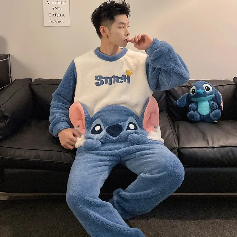 

Cartoon Disney pajamas winter new coral fleece long-sleeved trousers two-piece set men's pajamas loungewear women's pajamas