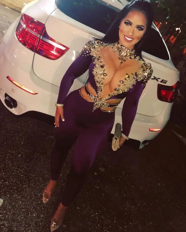 Grape Purple Jumpsuit Prom Dress for Women Crystal Beaded Long Sleeve Sexy Birthday Queen Gown Pant Suit vestidos de gala