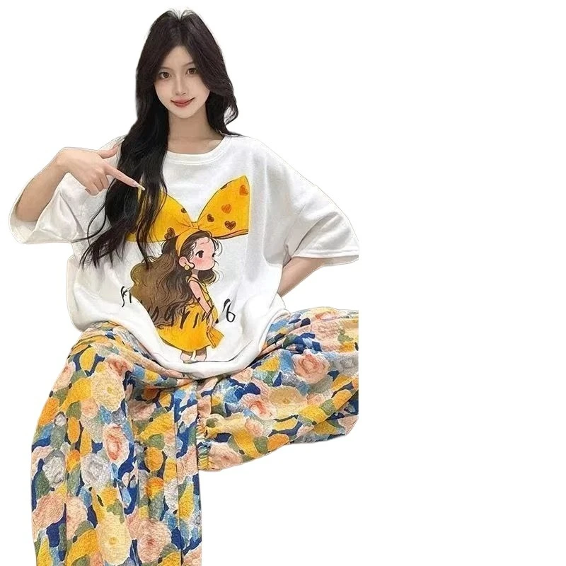 Girly Style Cute Temperament Sweet Can Be Worn Outside Pajama Women's Summer with Chest Pads Plus Size Loose Cartoon Pajama Set