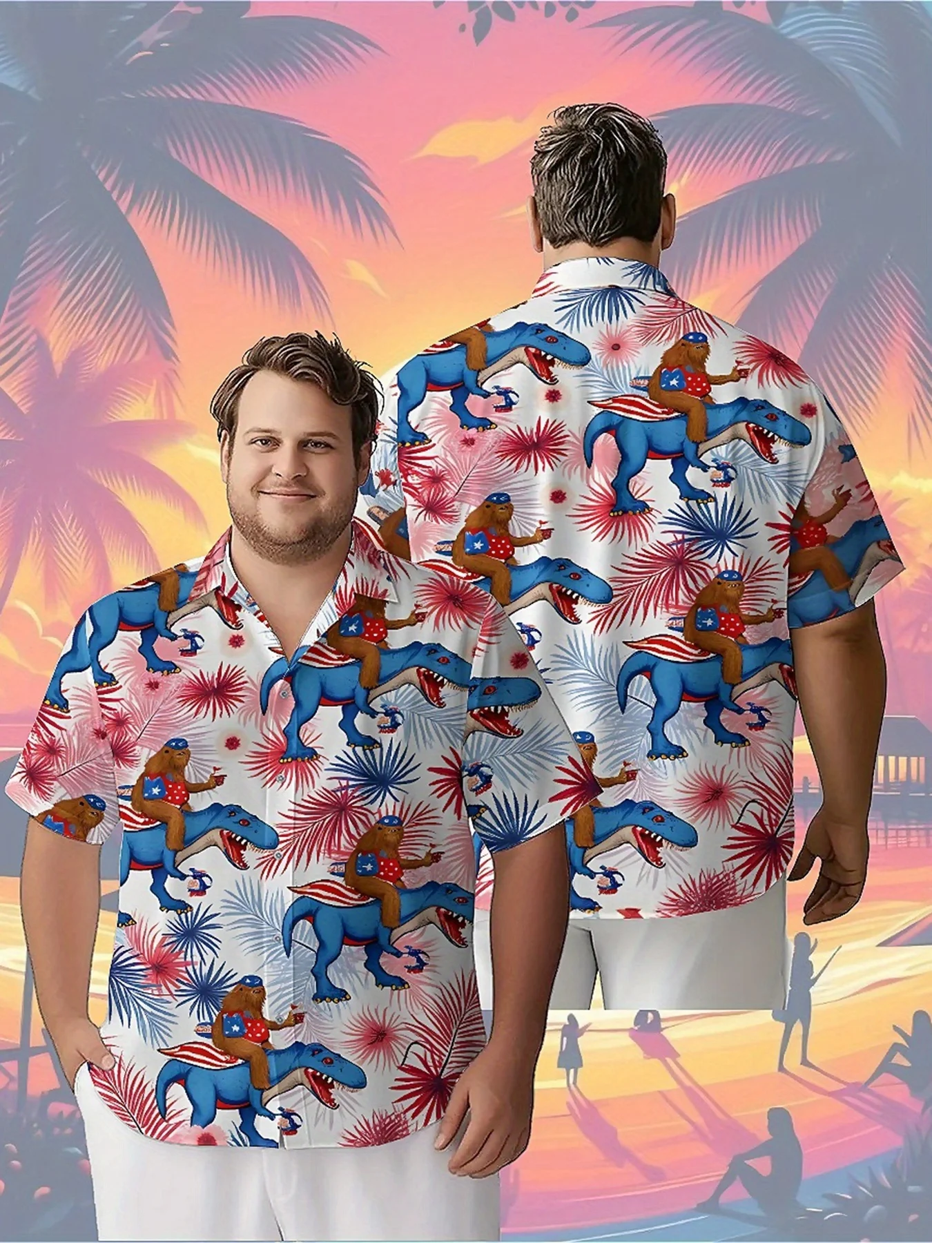 

Men's Plus Size Hawaiian Shirts American Patriotic Theme Dinosaur Ride pattern,Unisex Baggy Aloha Shirt,Alternative Clothes