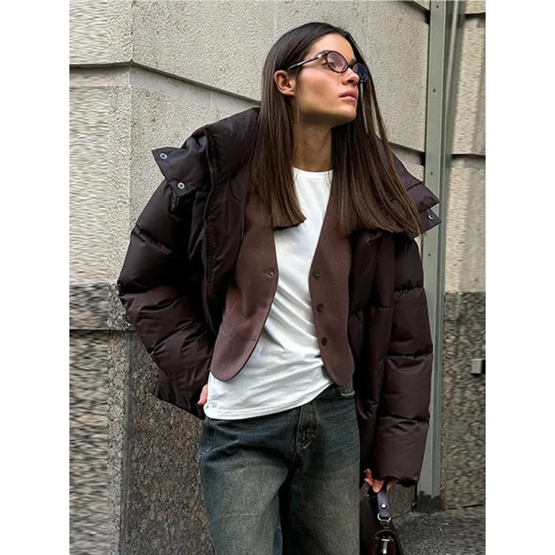 

Женская коричневая хлопковая куртка с капюшоном, стильная повседневная, с длинными рукавами, воротником-стойкой, карманами, свободного кроя, для зимы, для офиса и повседневной носки