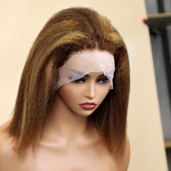 Highlight Ombre Lace Front Wig 14Inch Human Hair Pre Plucked 13x4 colored 4/27 250%Density Honey Blonde Kinky Straight Lace Wigs