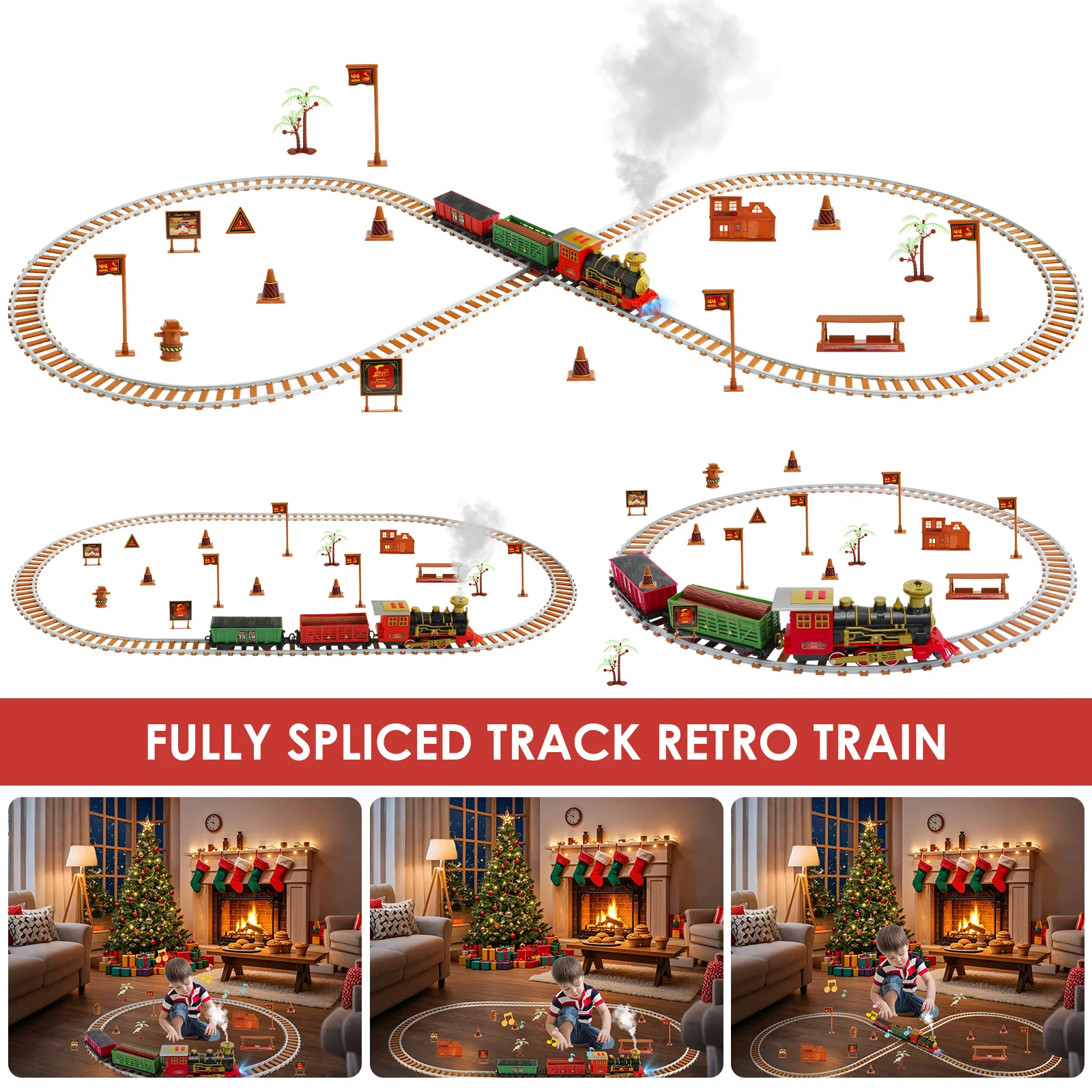 Electric Train Toy Set Electric Steam Rail Train Set with Smoke Light and Sounds Vintage Train Track Playset Battery Powered