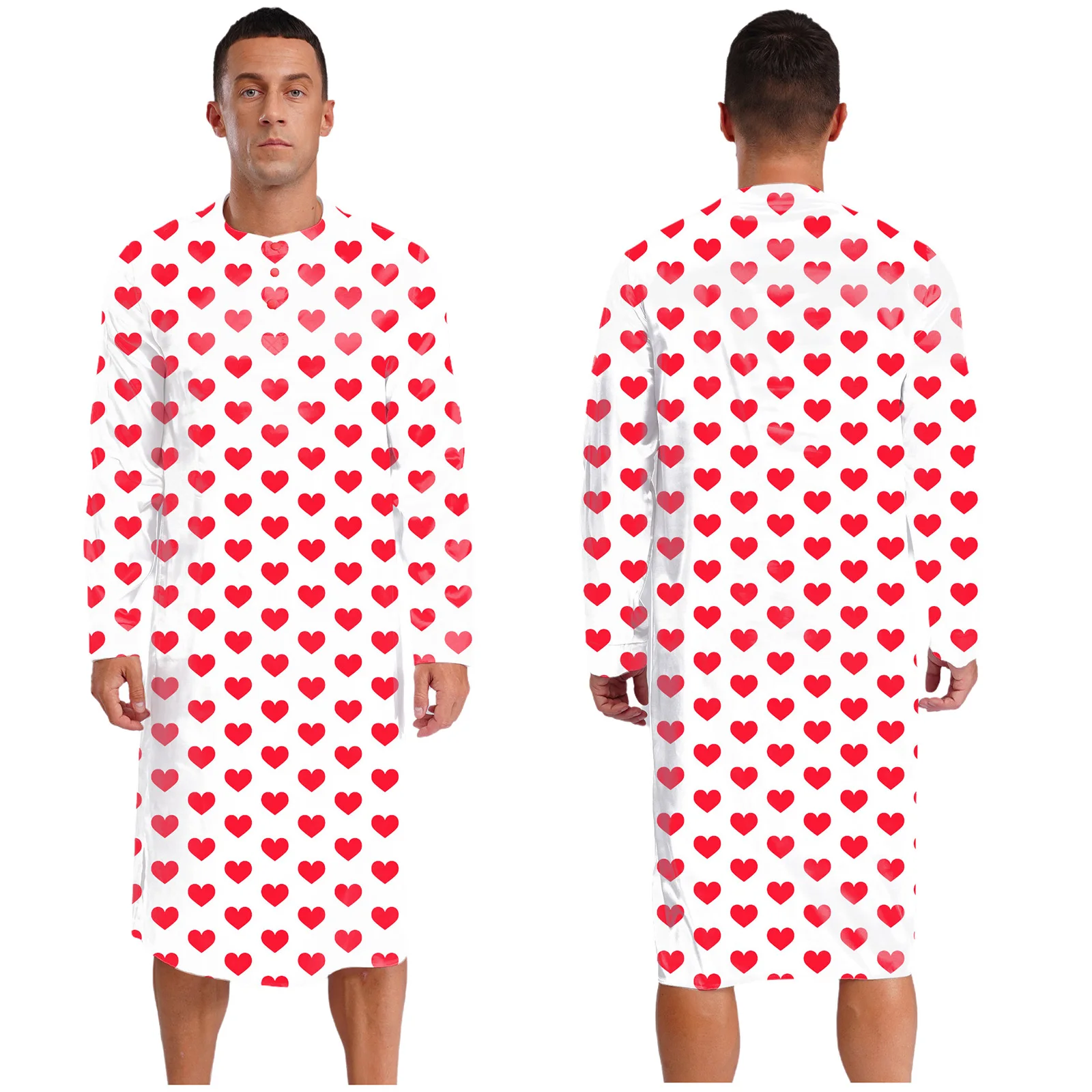 

Adult Men's Satin Sleep Dress Robe Colorful Heart Print Long Sleeve Sleep Robe Pajamas Loungewear Casual Home Wear Nightwear