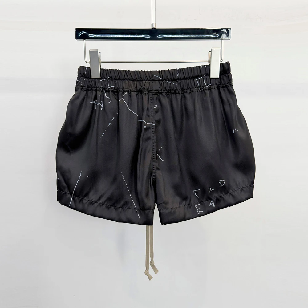 Women Black Graffiti Print Satin Shorts Elastic Waist Drawstring Casual Streetwear Loose Wide Leg Shorts with Side Slits
