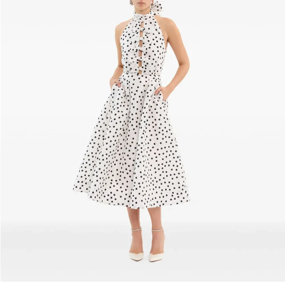 

White Black Dot Prom Gowns with Bow Cut Out Elegance Party Dresses Sleeveless Ankle Length Off Shoulder Pattern Design