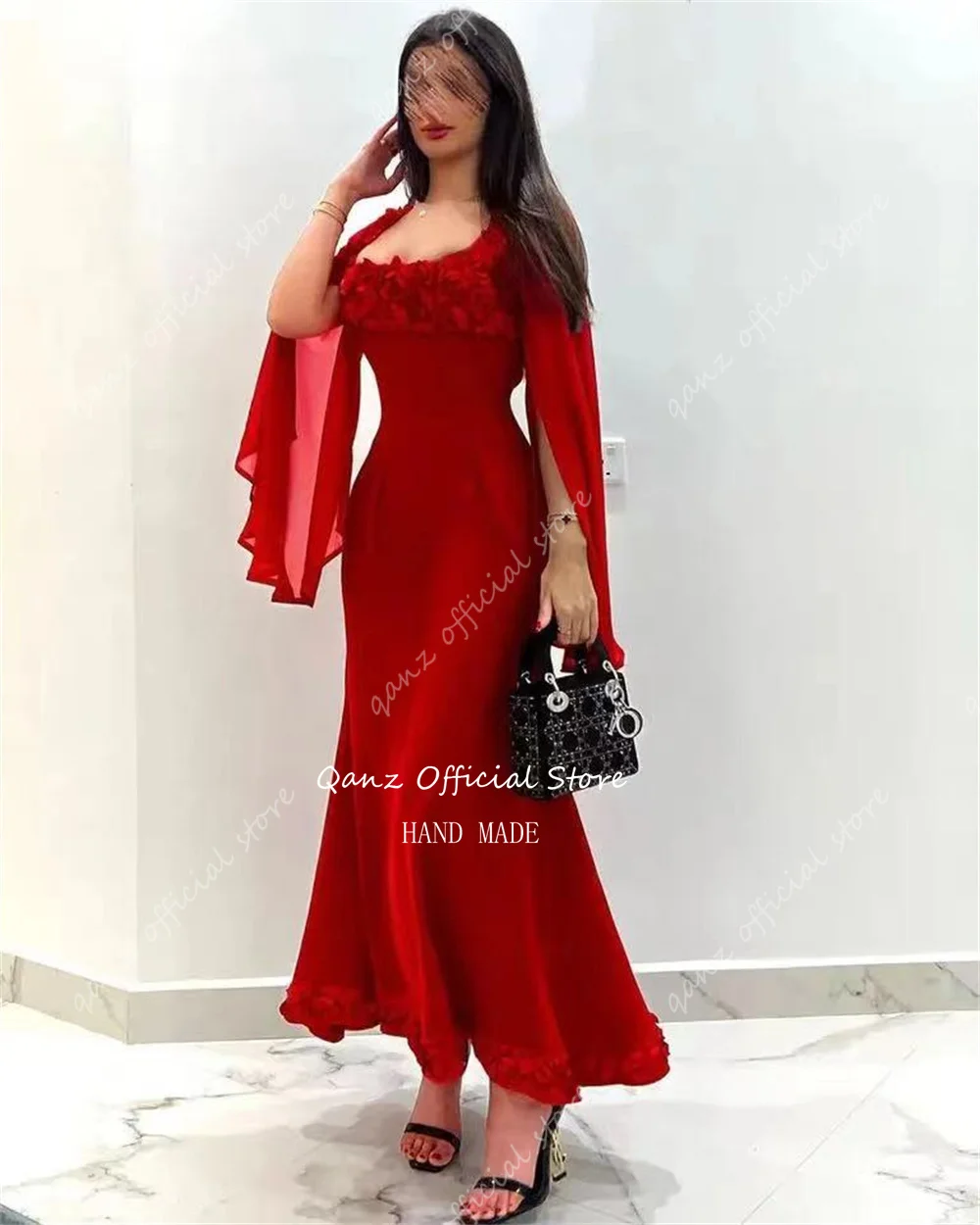 Qanz Elegant Red Evening Dresses Mermaid Chiffon Long Sleeves Prty Gown 3D Handmade Flowers Abendkleider Luxus Dubai Customized